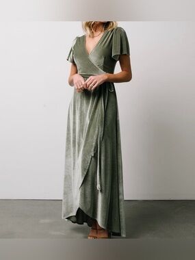 Roolee Etta Velvet Wrap Maxi Dress Sage Green Large | Wedding Guest Formal